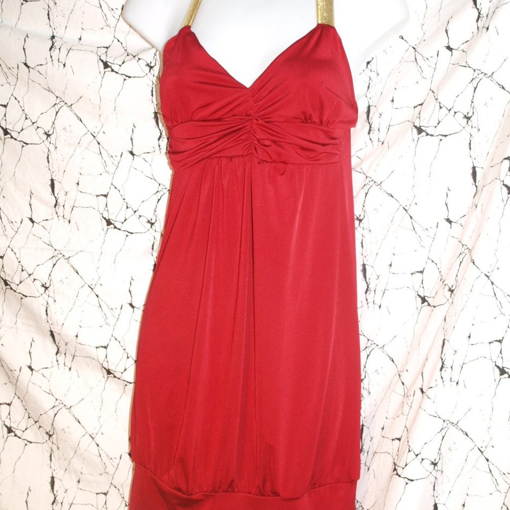 Knee length Red DRESS BY CHESLEY SIZE M With Gold Shoulder Jewel GENTLY USED